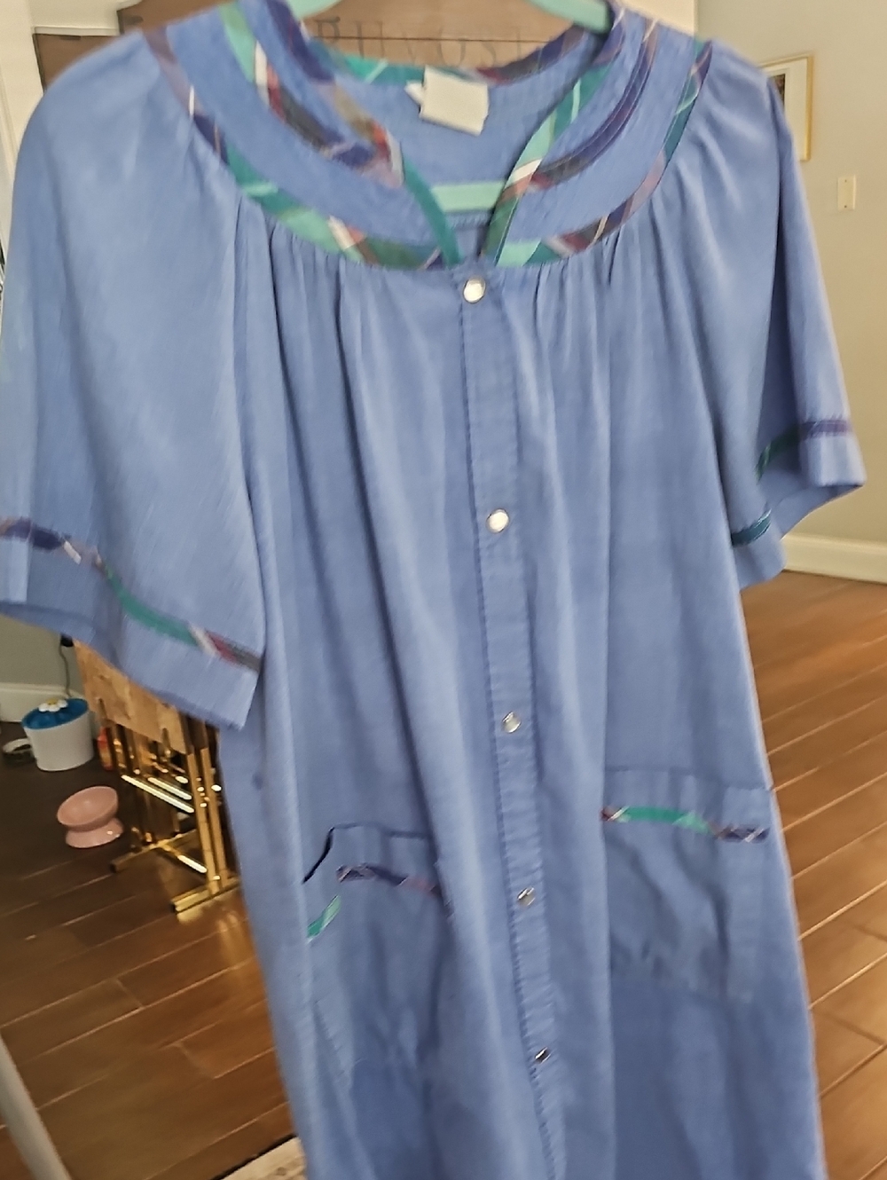 Vanity Fair Light Blue Button-Front Housecoat with Teal & Purple Trim